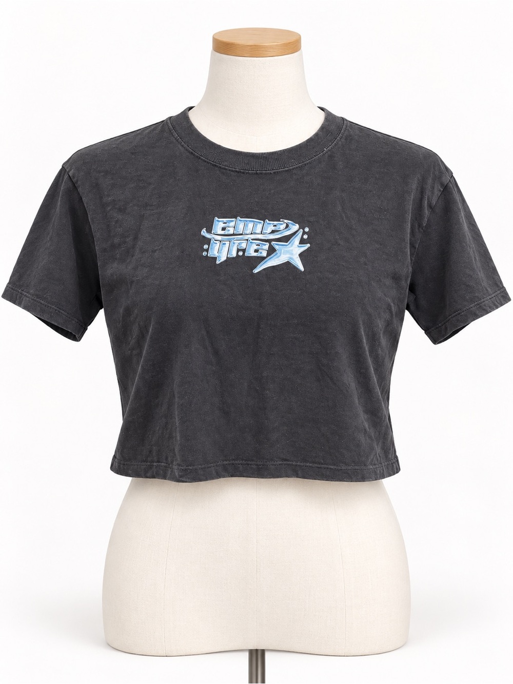 Washed Black Graphic Crop Tee with Blue Accent